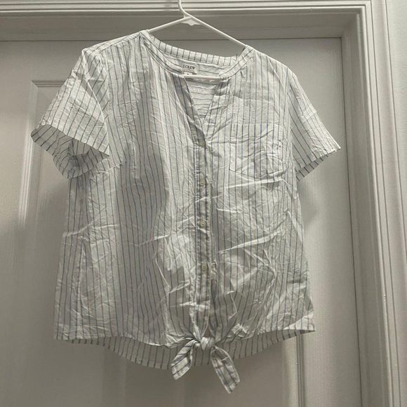 J. Crew Tops - J Crew Womens Short Sleeve Striped Button Down Blouse Size M White Tie Front